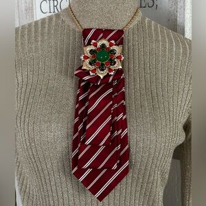 OOAK Christmas Necktie Tie Necklace with Brooch and Chain